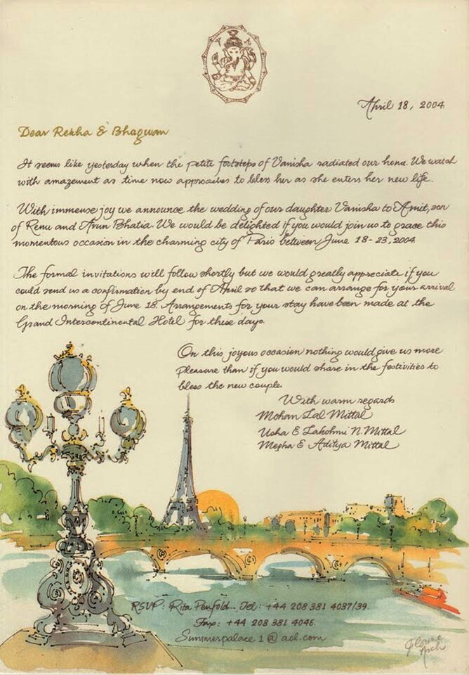 Hand-calligraphed LN Mittal wedding invitation