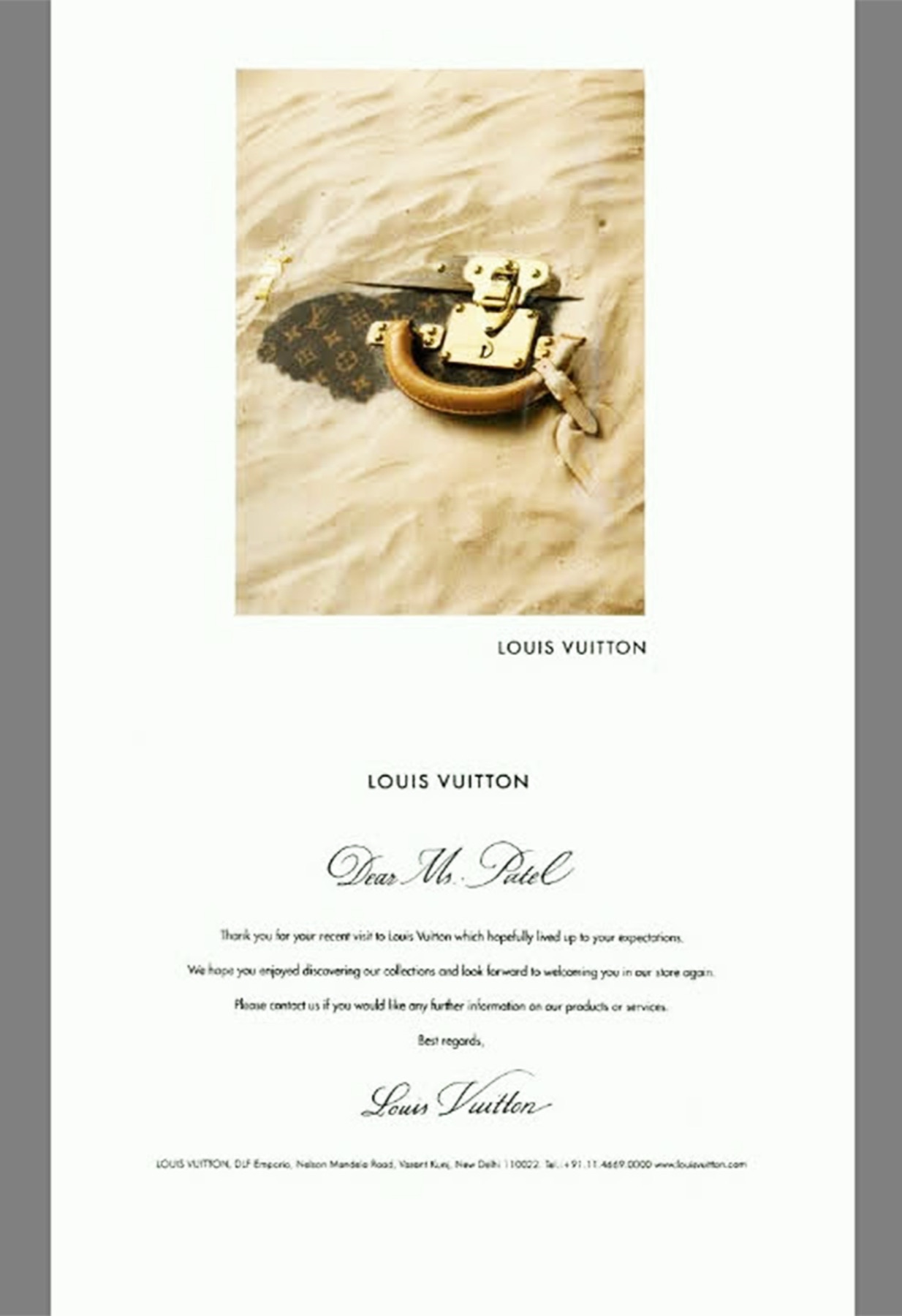 Louis Vuitton thank-you card hand-addressed in copperplate calligraphy