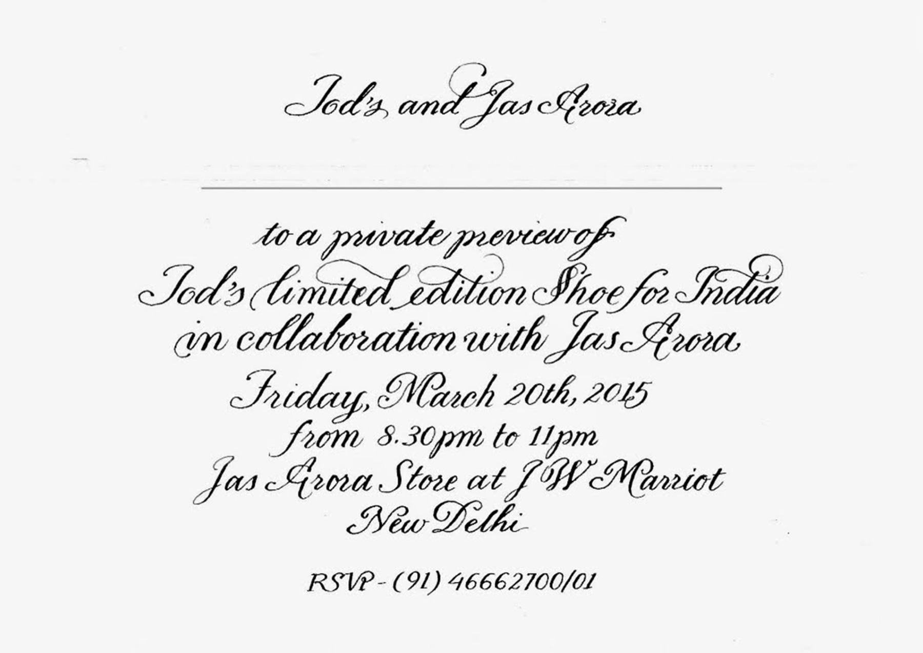 Hand-lettered copperplate invitation card for a private preview of a Tod's limited edition shoe, in collaboration with Jas Arora