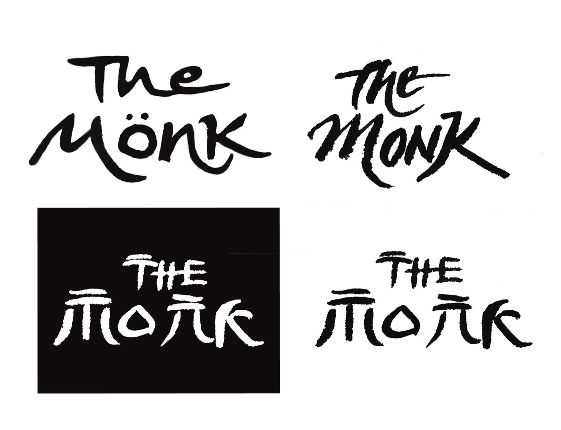 Sheet of four hand-lettered concept sketches exploring wordmark options for The Monk, in Latin and Devanagari lettering