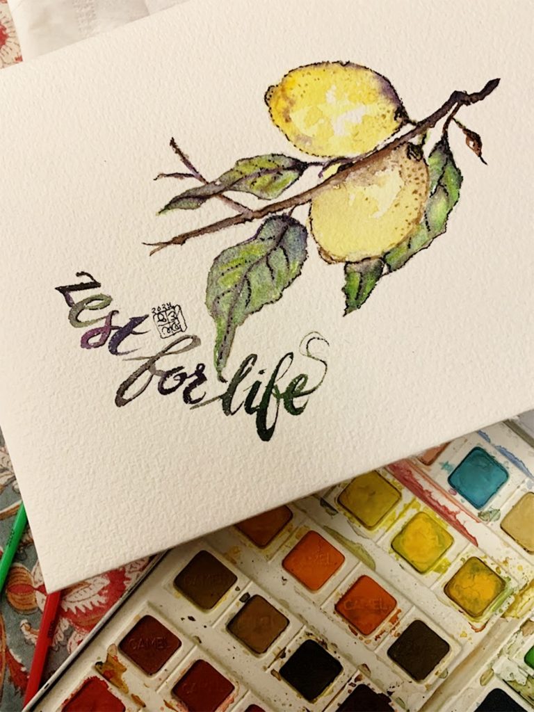 Hand-lettered watercolour calligraphy artwork with lemon branch