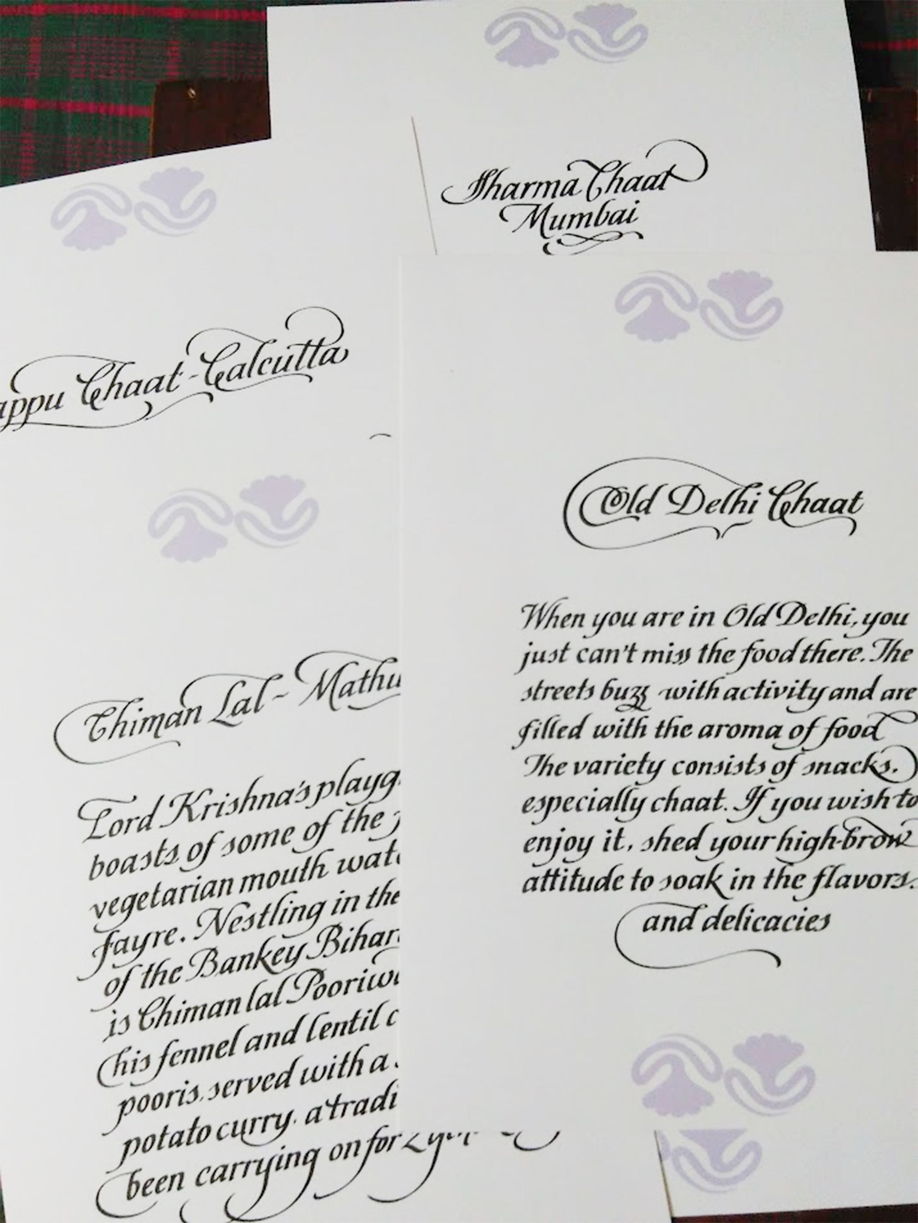 Hand-calligraphed wedding menu cards