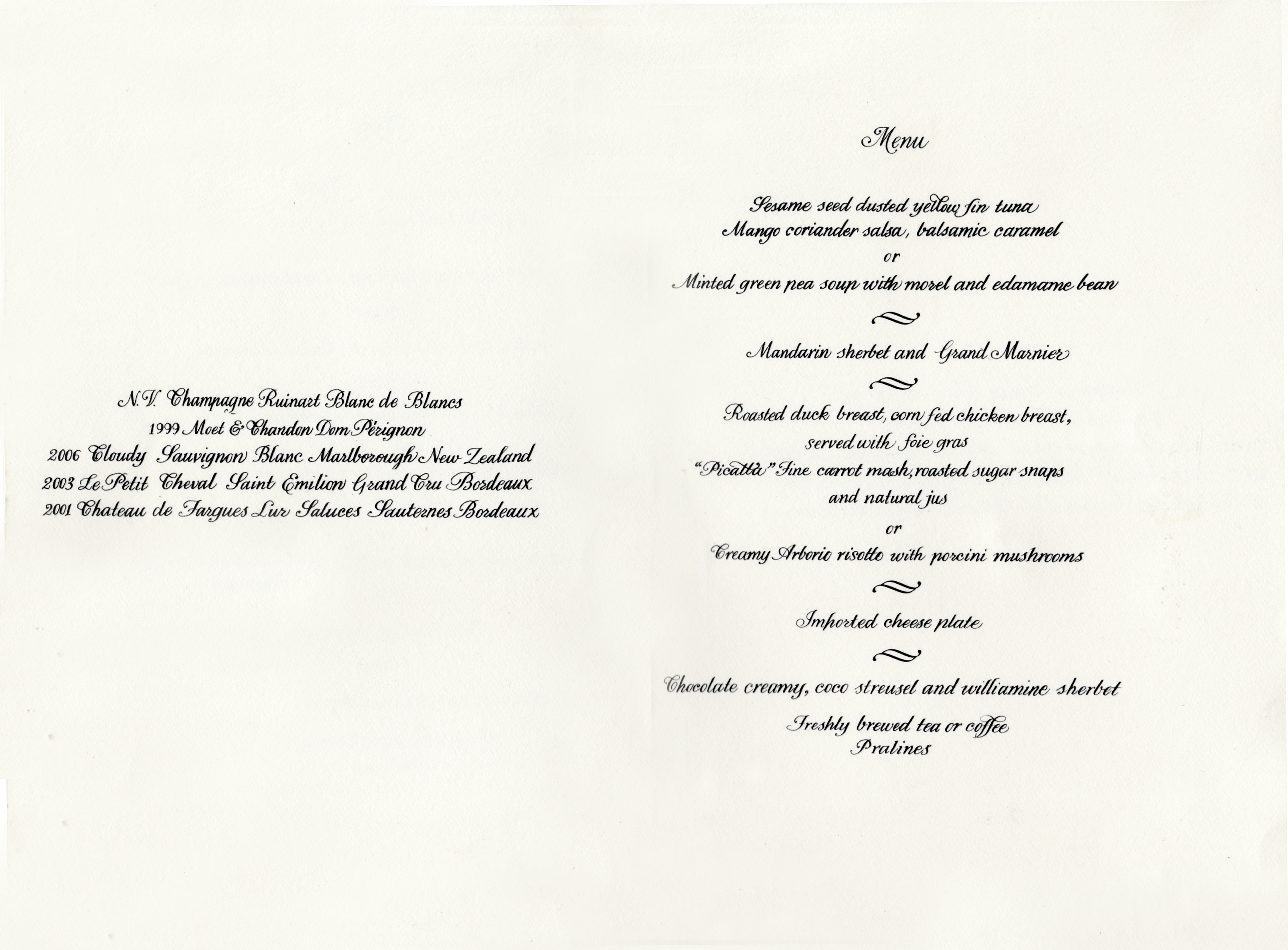 Hand-calligraphed wedding reception menu card